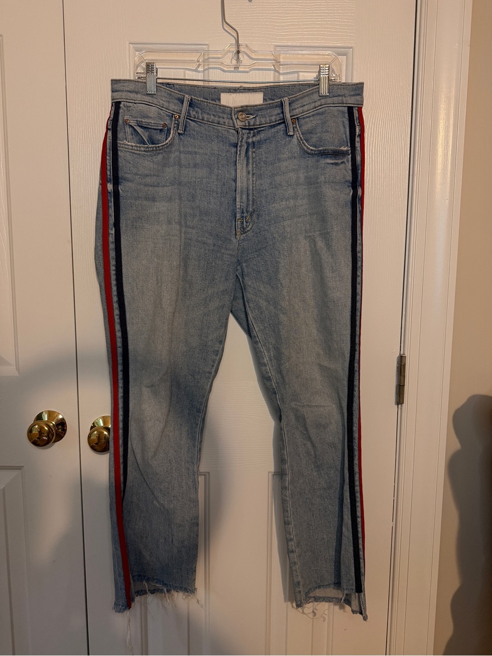 MOTHER Light Wash Cropped Jeans with Red & Black Side Stripes